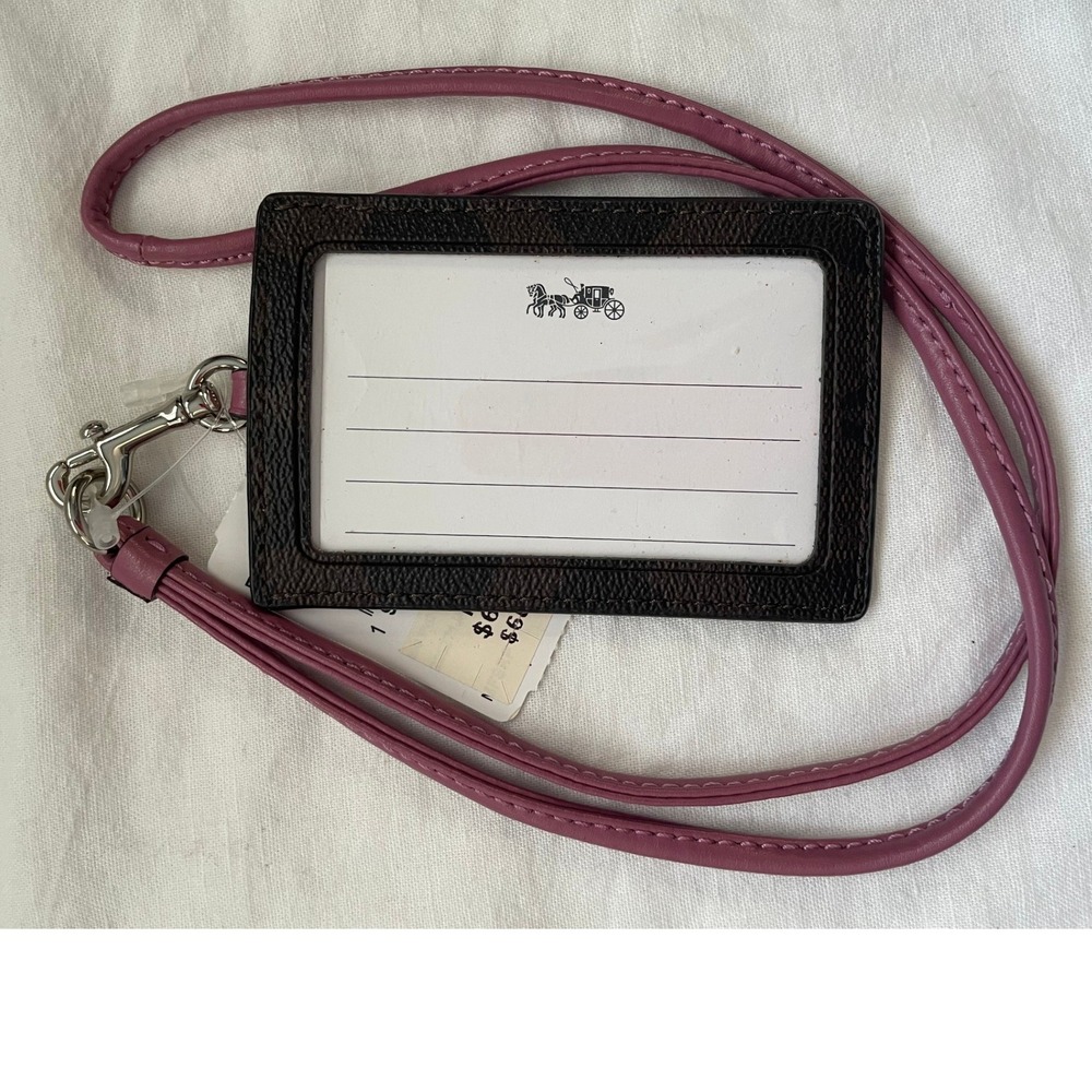 Coach ID Lanyard Signature Canvas Brown Pink Leather Card Case F63274 New#626 - Picture 2 of 2